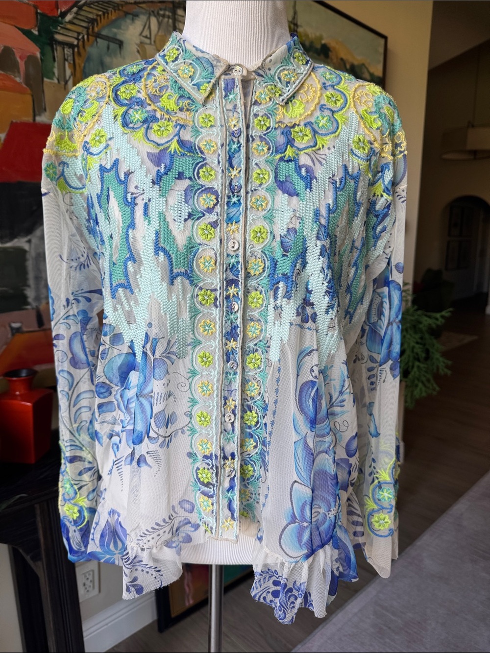Johnny Was Blue, Aqua & Lime Floral Embroidered Blouse